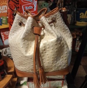 Dooney & Bourke White and Brown Drawstring Shoulder Bag